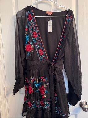 Anthropologie Embroidered Black Floral Wrap Dress